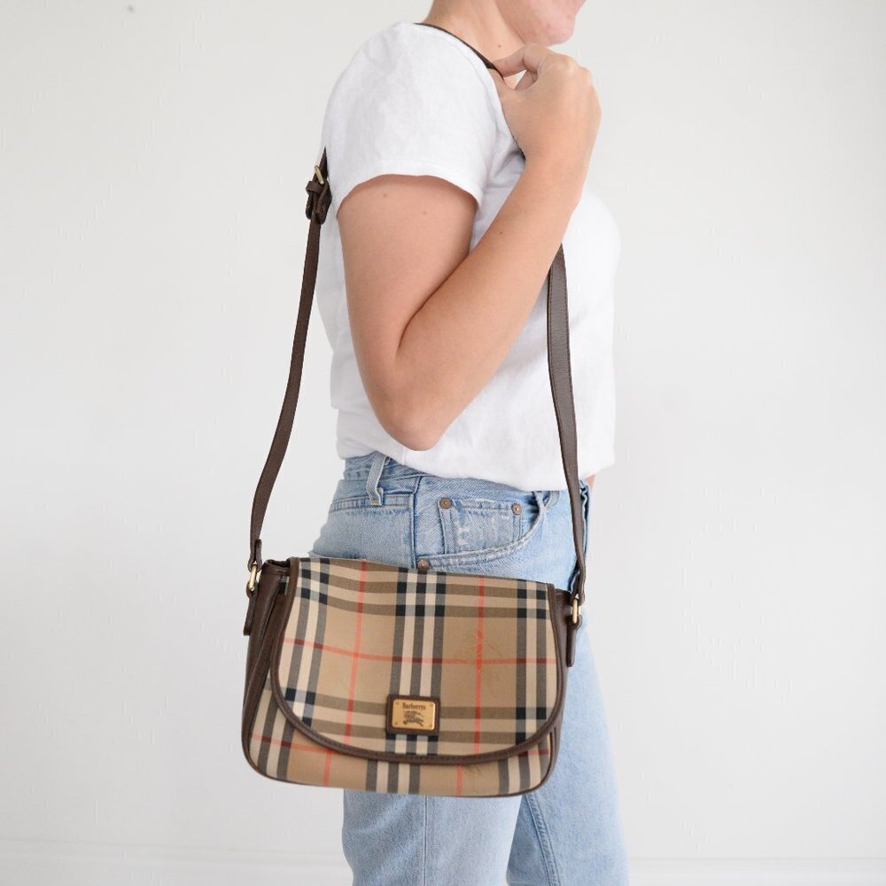 Burberry Beige Nova Check Canvas Crossbody Bag with Brown Leather Trim